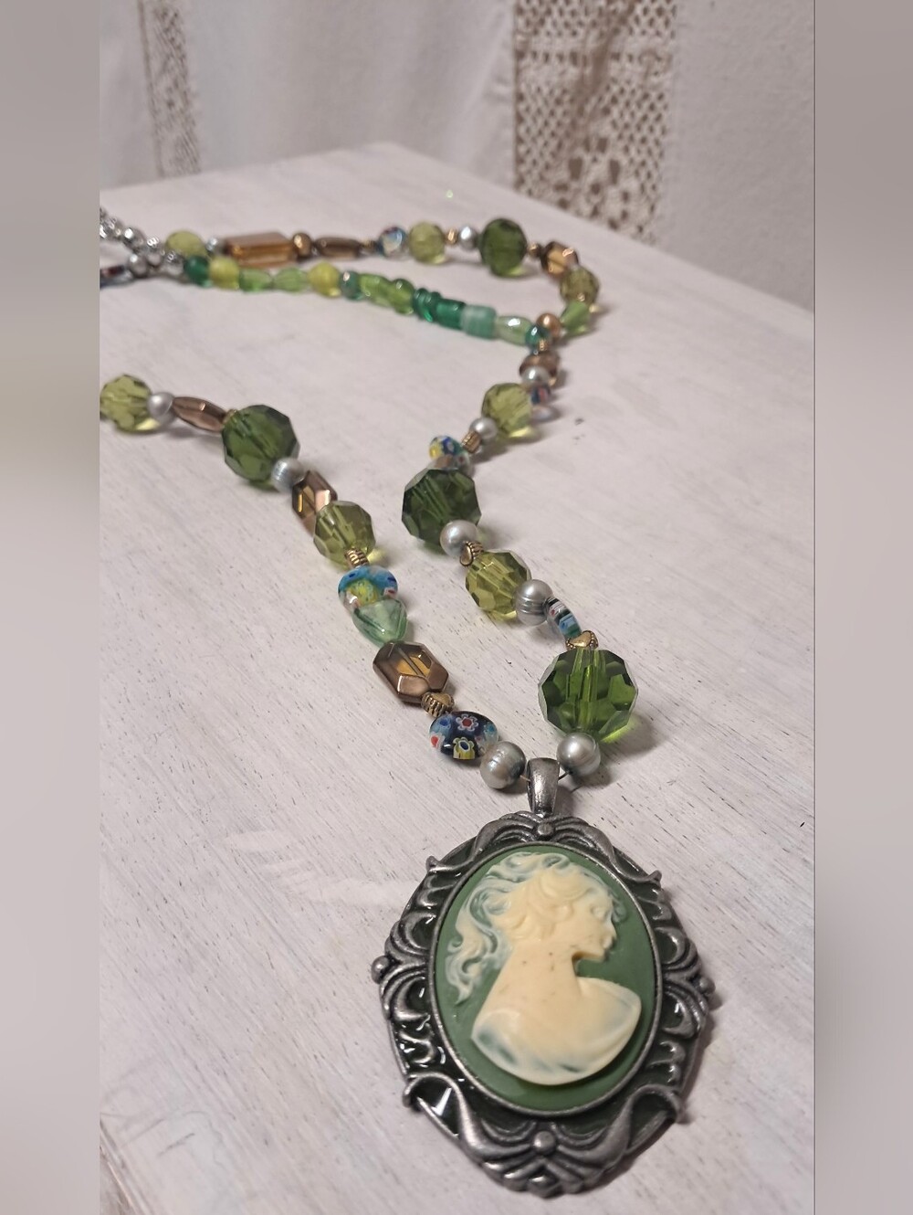 Vintage Victorian-Style Green Cameo Beaded Necklace – Handcrafted Artisan Piece - Picture 2 of 5
